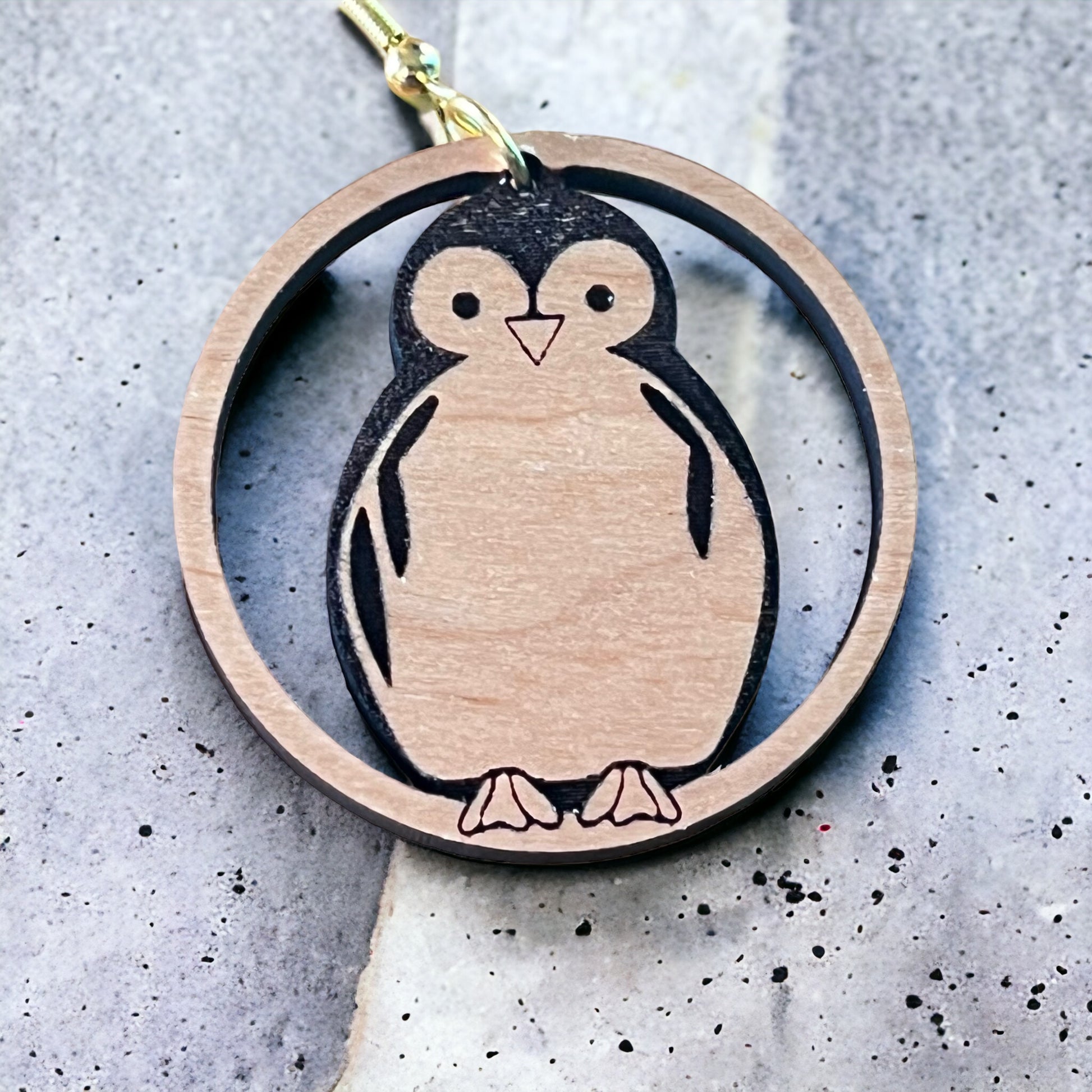 Penguin Circle Drop Earrings – Cute Wooden Winter Animal Jewelry