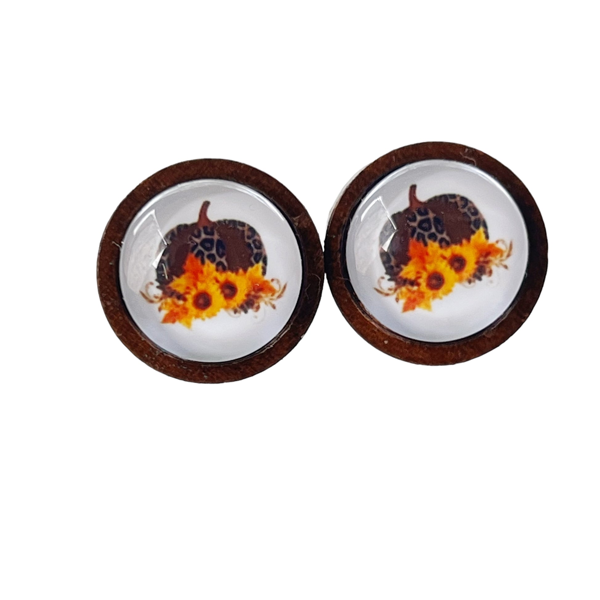 Leopard Pumpkin & Sunflower Stud Earrings – Rustic Fall Wooden Jewelry