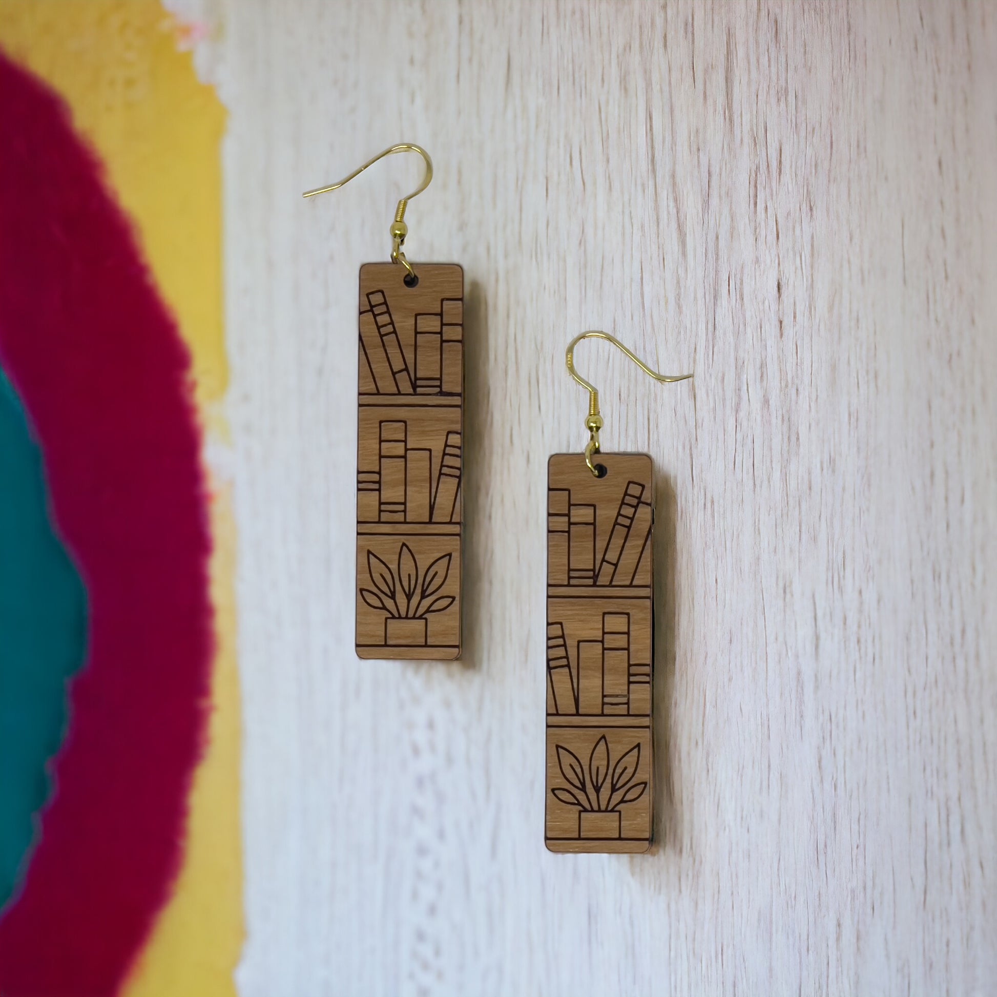 Bookshelf Wood Earrings – Handmade Boho Literary Jewelry