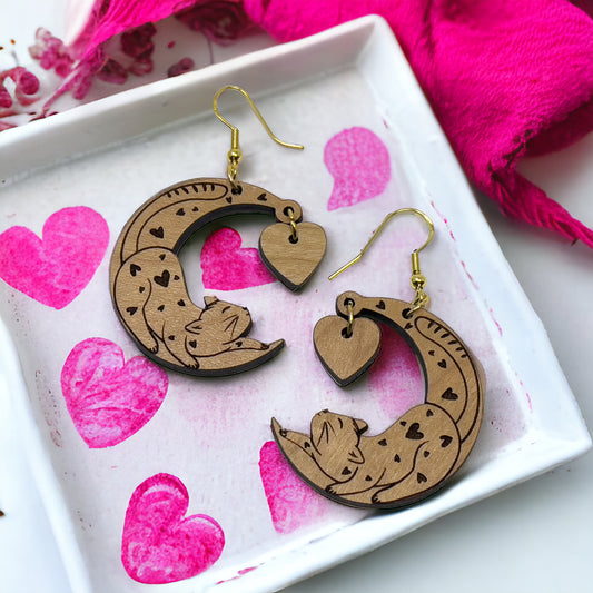 Heart Moon Cat Earrings – Whimsical Wooden Love Jewelry for Her