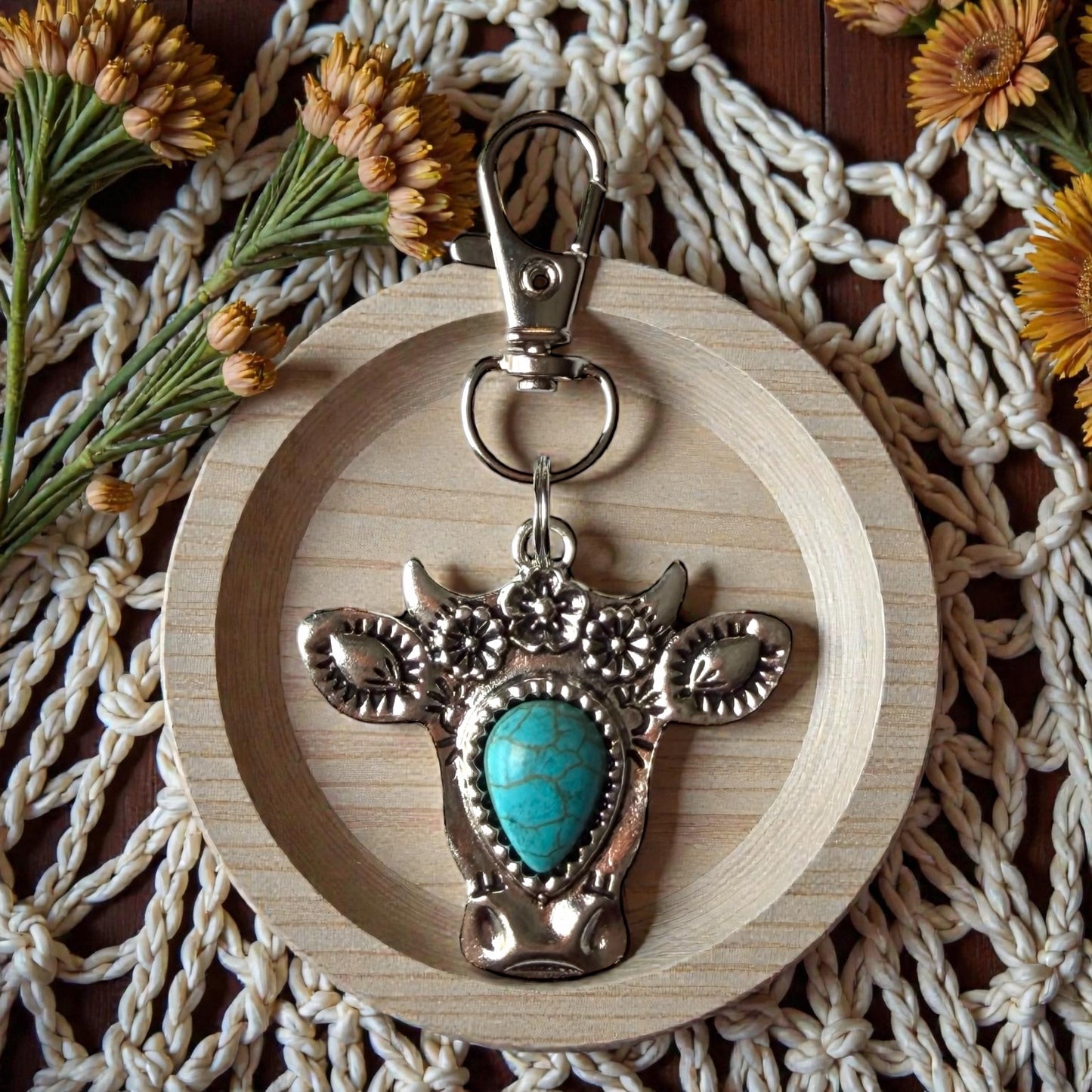 Turquoise Cow Head Purse Charm – Boho Western Keychain