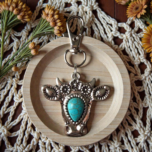 Turquoise Cow Head Purse Charm – Boho Western Keychain
