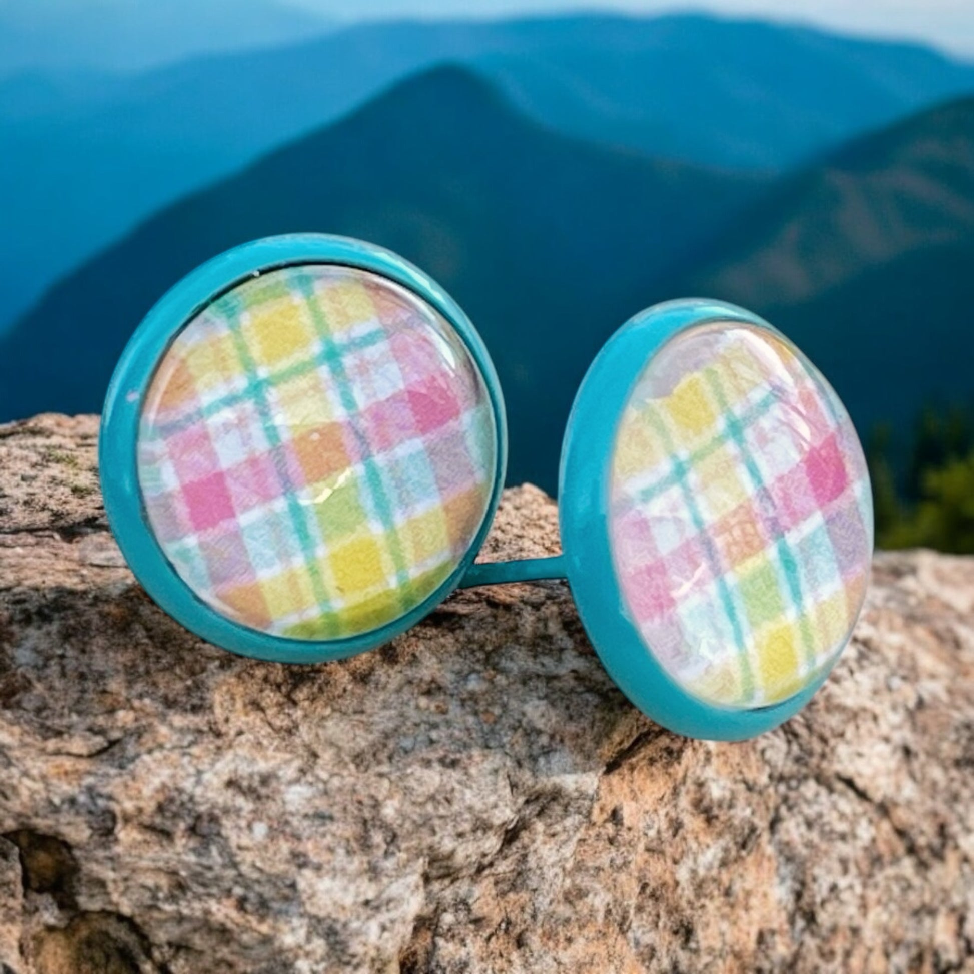 Handmade Pastel Plaid Stud Earrings – 12mm Teal Metal Setting – Spring & Easter Jewelry