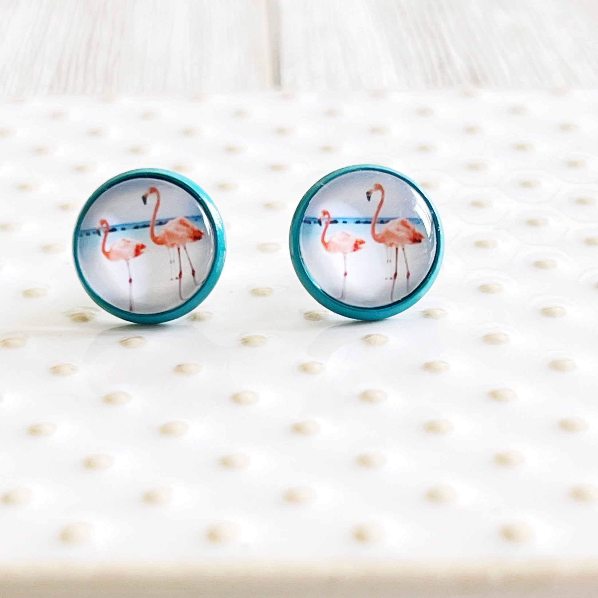 Flamingo Stud Earrings – Tropical Beach Jewelry in Teal Bezel Setting