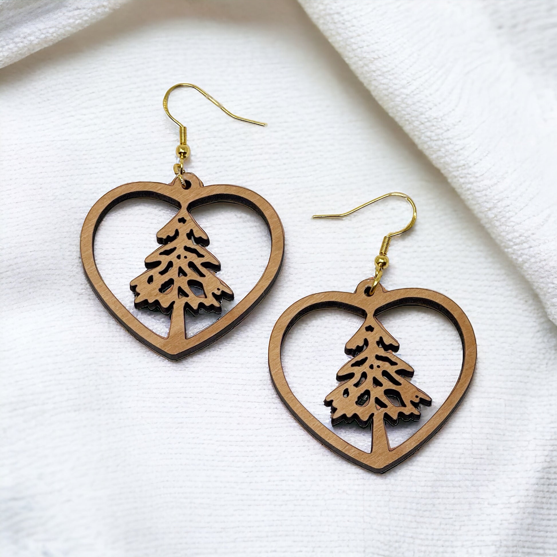 Heart Tree Cutout Earrings – Wooden Christmas Forest Dangles with Gold Hooks