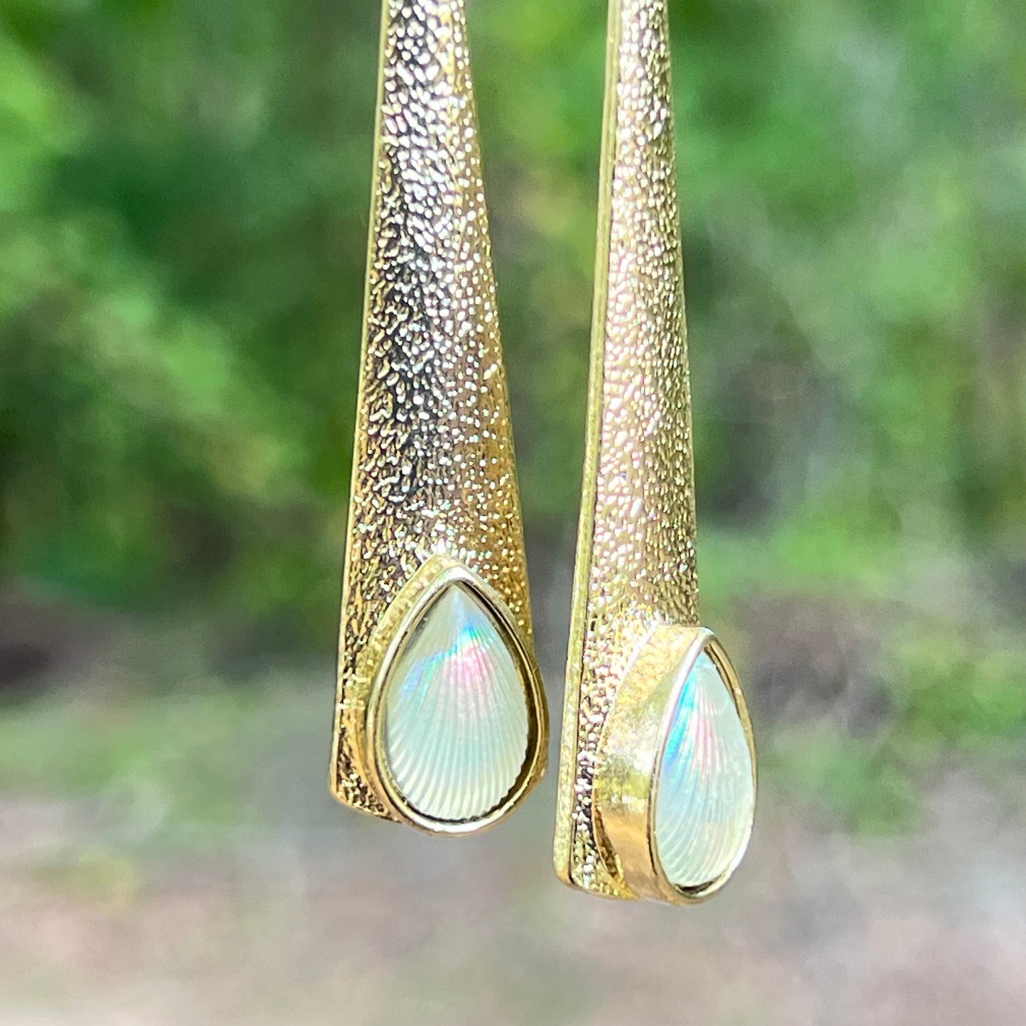 Textured Gold Teardrop Earrings – Iridescent Shell Dangles