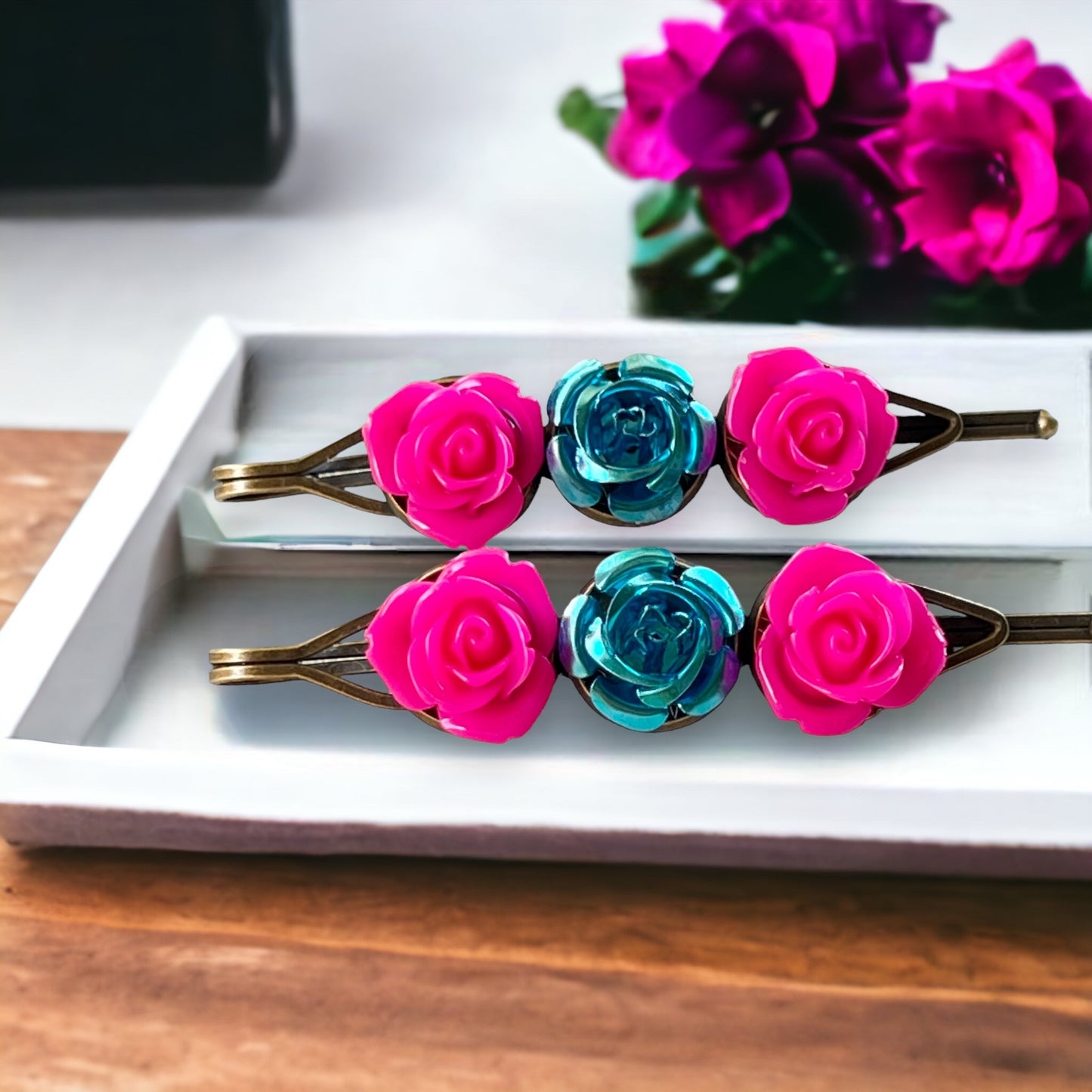 Hot Pink & Teal Rose Hair Pins – Bold Floral Hair Clips with Metallic Accent