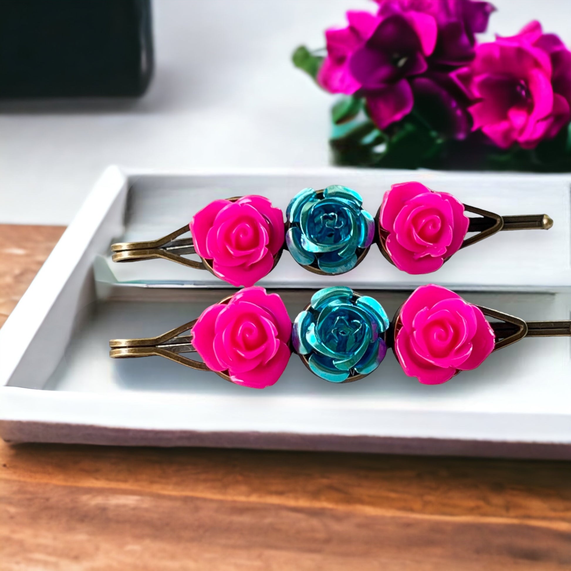 Hot Pink & Teal Rose Hair Pins – Bold Floral Hair Clips with Metallic Accent