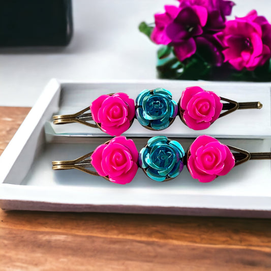 Hot Pink & Teal Rose Hair Pins – Bold Floral Hair Clips with Metallic Accent