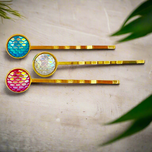 Gold Mermaid Hair Pins: Set of 3 in Pink, White, & Blue Colors