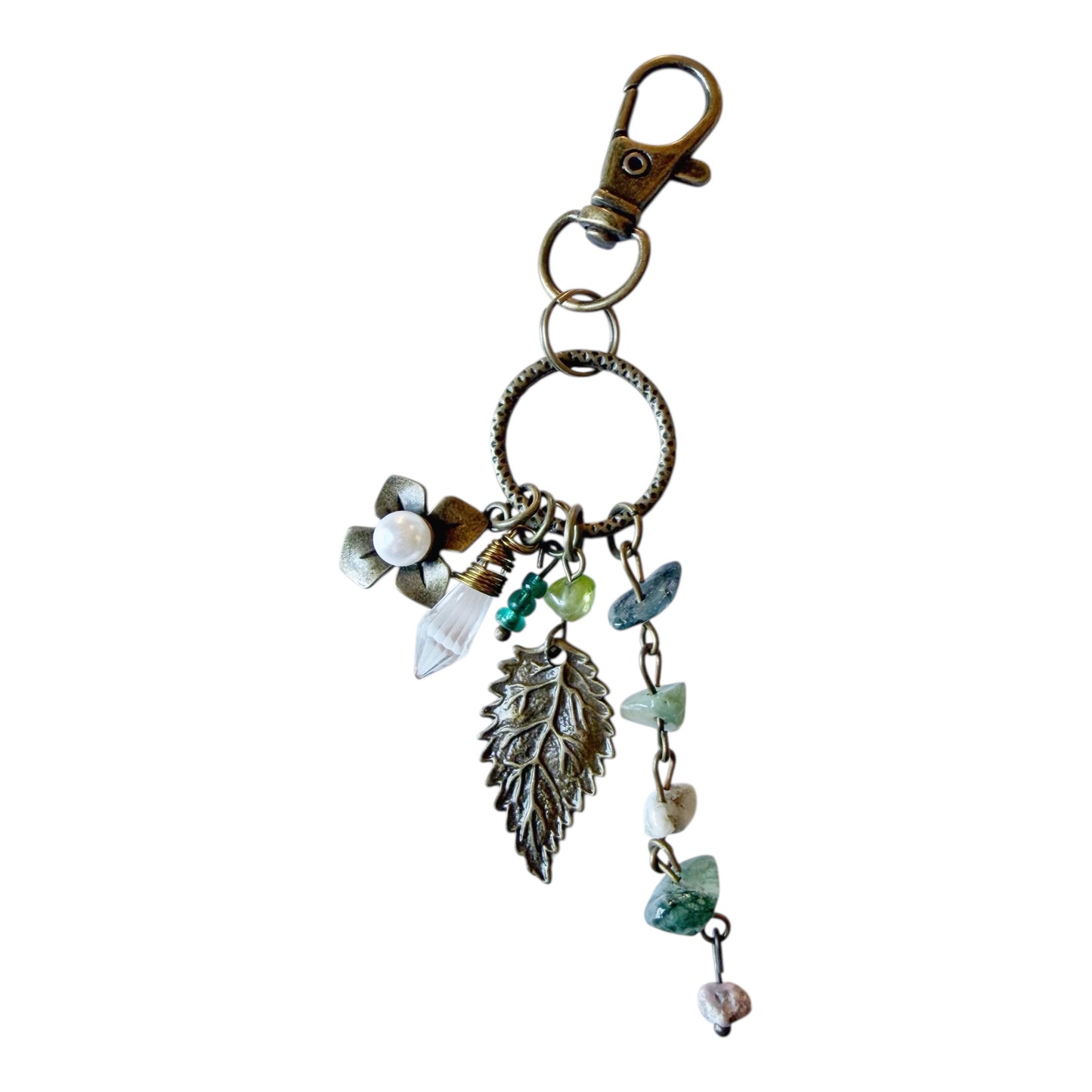 Earthy Leaf Gemstone Purse Charm – Boho Nature Keychain for Her