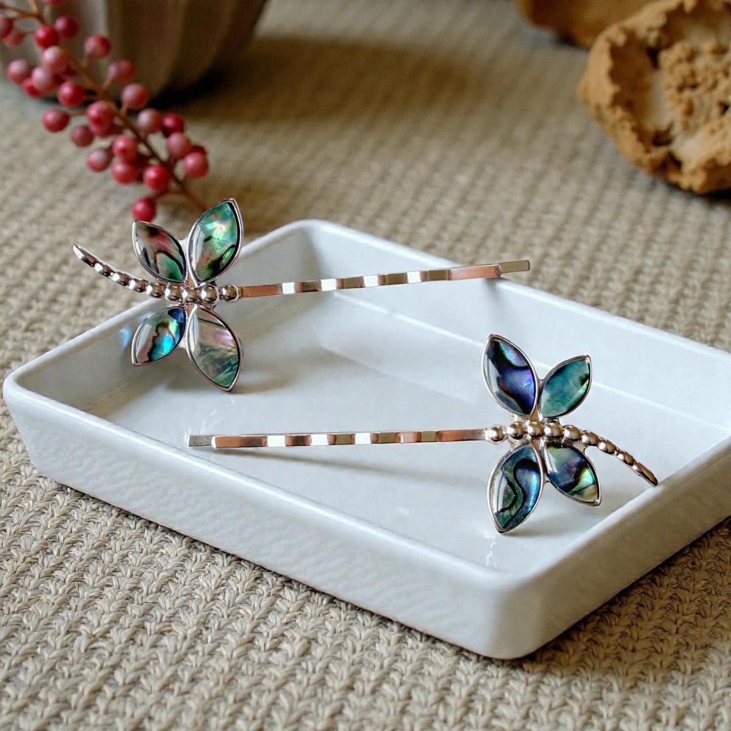 Abalone & Silver Dragonfly Hair Pin Set – Natural Shell Bobby Pins for Women