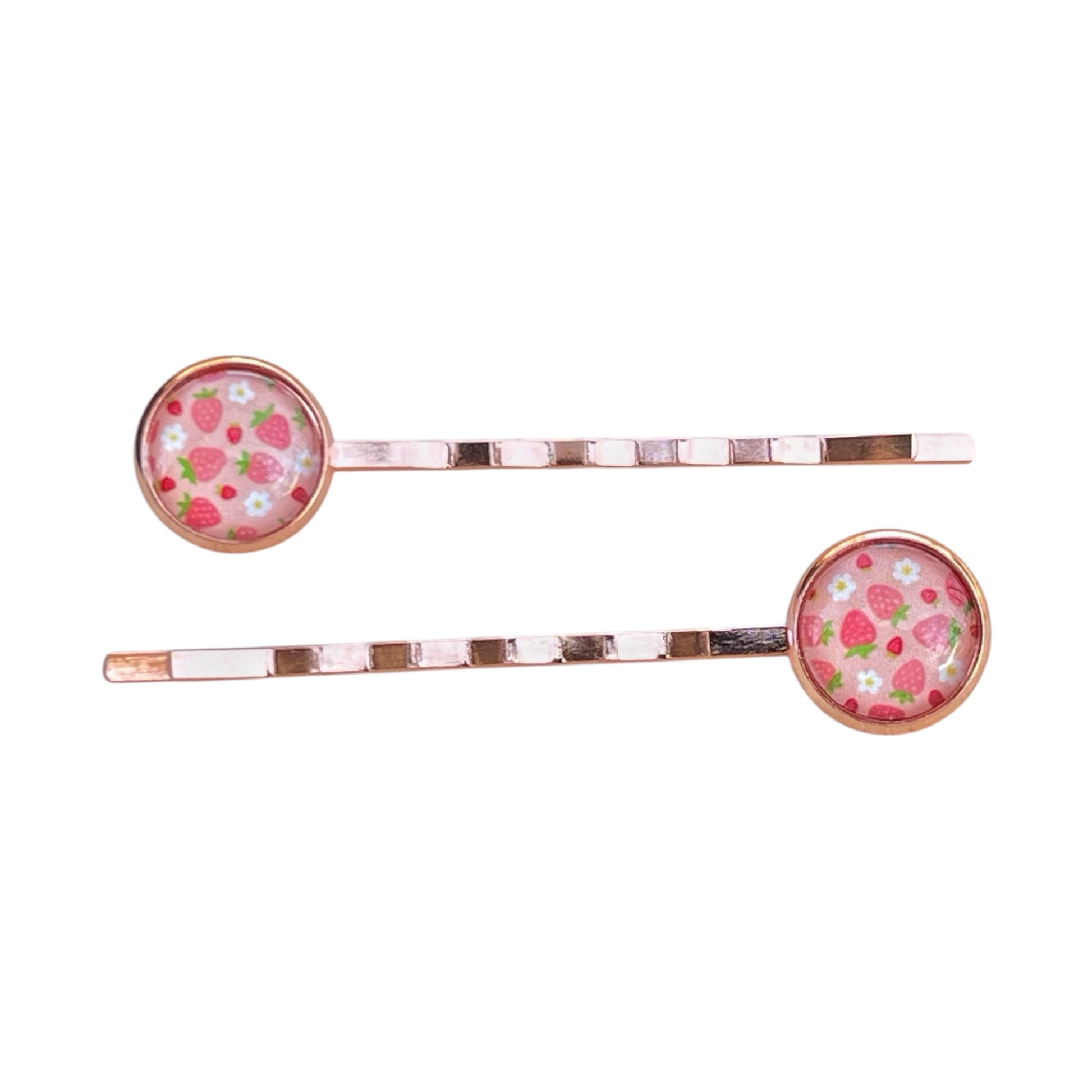 Pink Strawberry Hair Pins – Set of 2 Rose Gold Fruit-Inspired Accessories