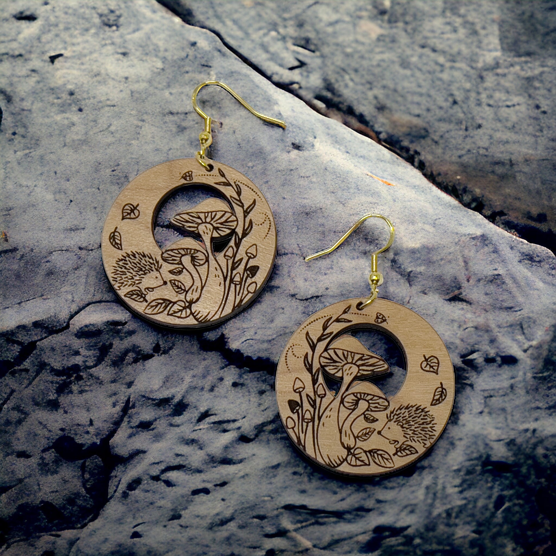 Hedgehog & Mushroom Wood Earrings – Whimsical Forest Jewelry