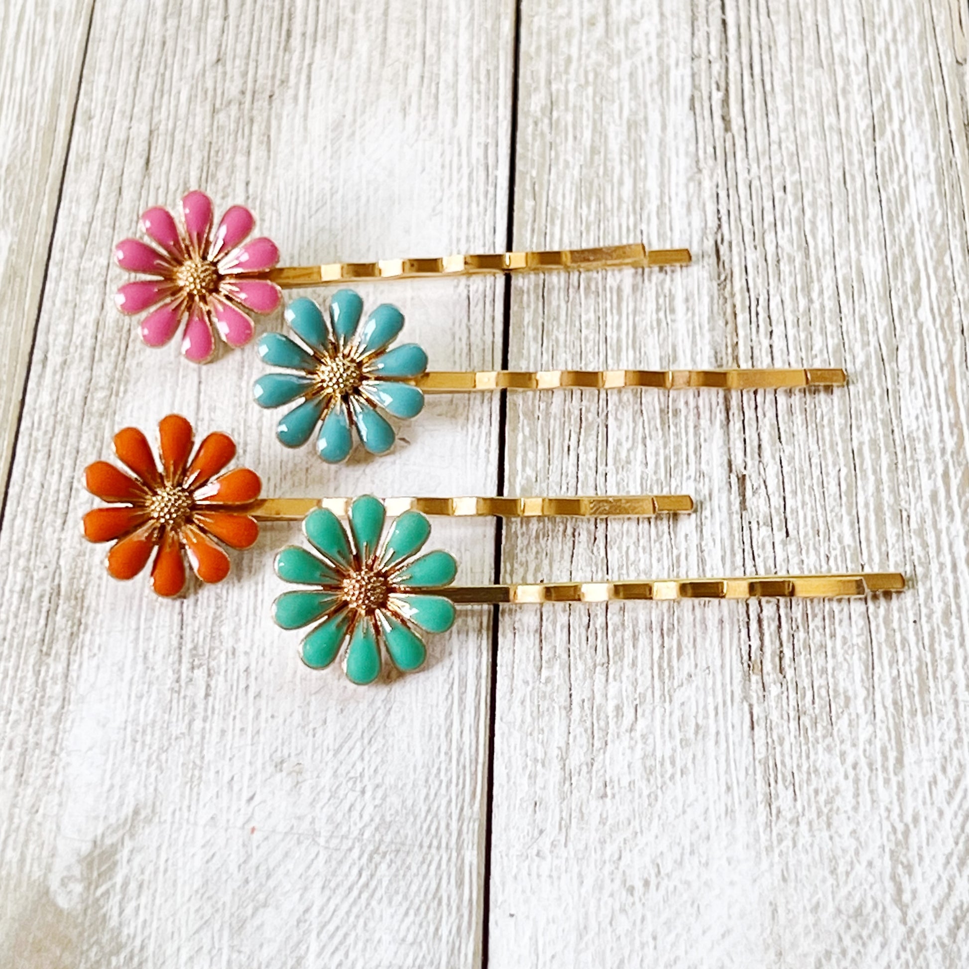 Colorful Daisy Hair Pins – Gold Bobby Pin Set with Enamel Flower Accents