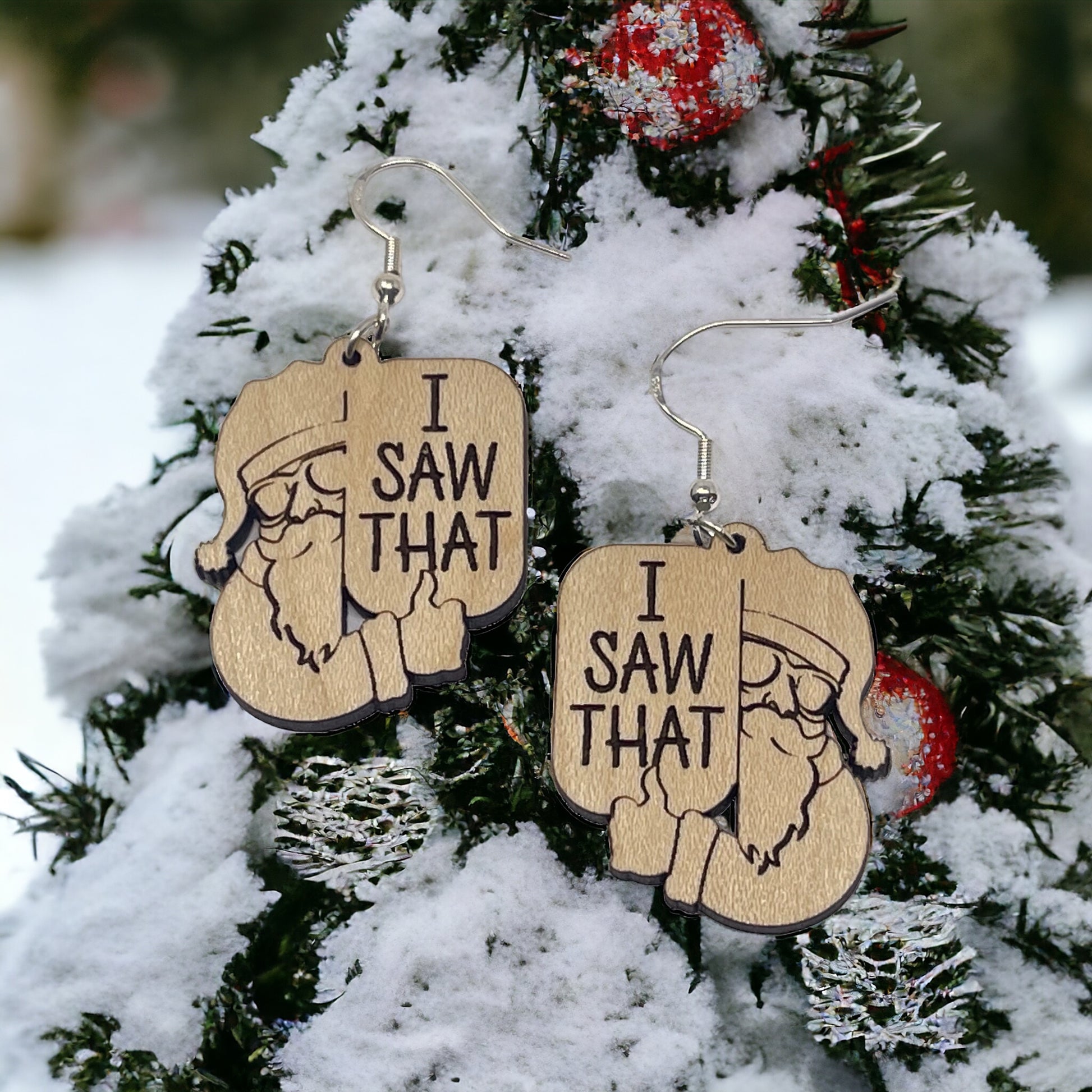“I Saw That” Santa Earrings – Funny Etched Wood Christmas Jewelry