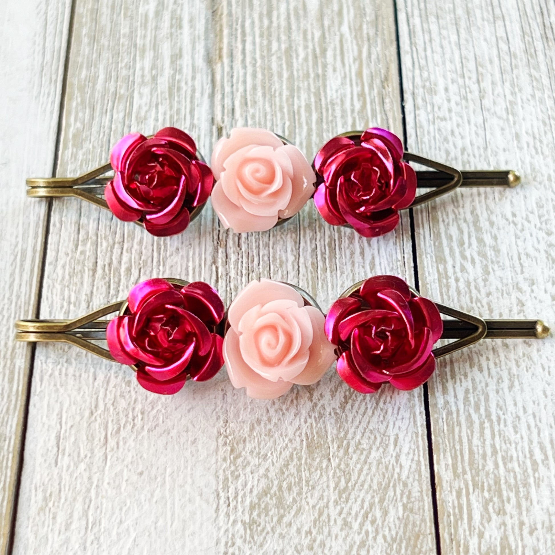 Red & Pink Rose Hair Pins – Romantic Vintage-Inspired Floral Hair Clips