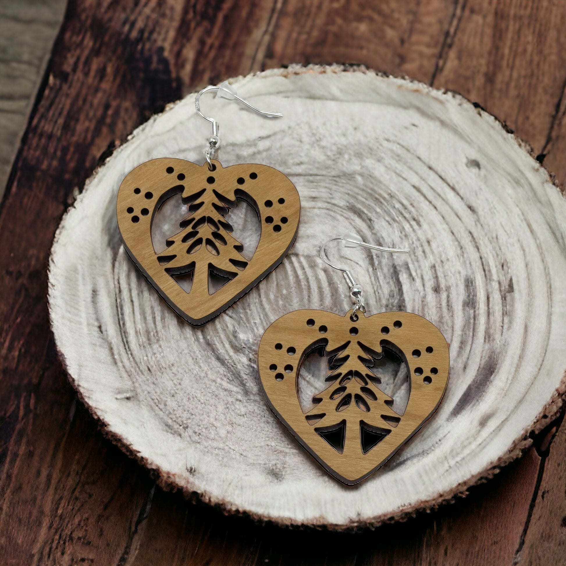 Heart Tree Cutout Earrings – Wooden Christmas Forest Dangles with Gold Hooks