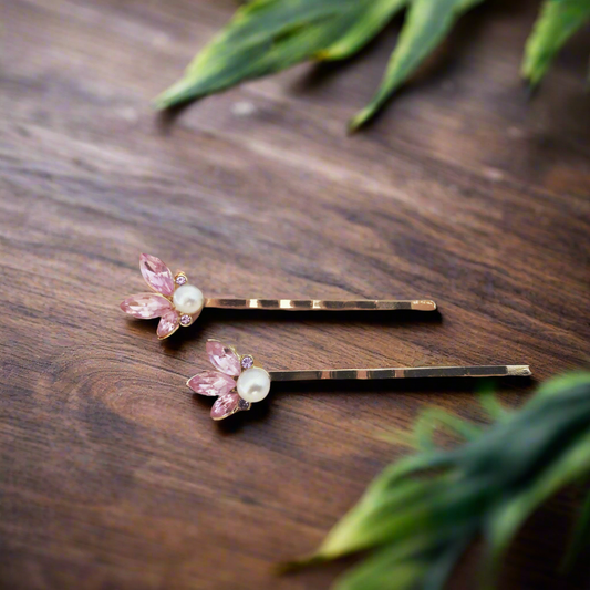 Rhinestone Hair Pins - Elegant Pink Flower Bobby Pin Set