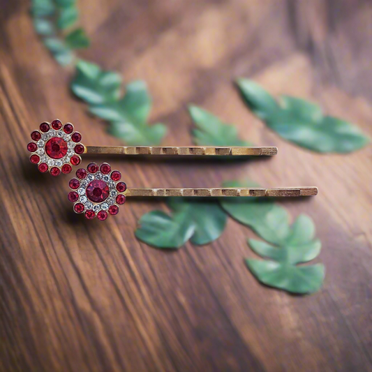 Red Rhinestone Hair Pins - Decorative Wedding Bobby Pins