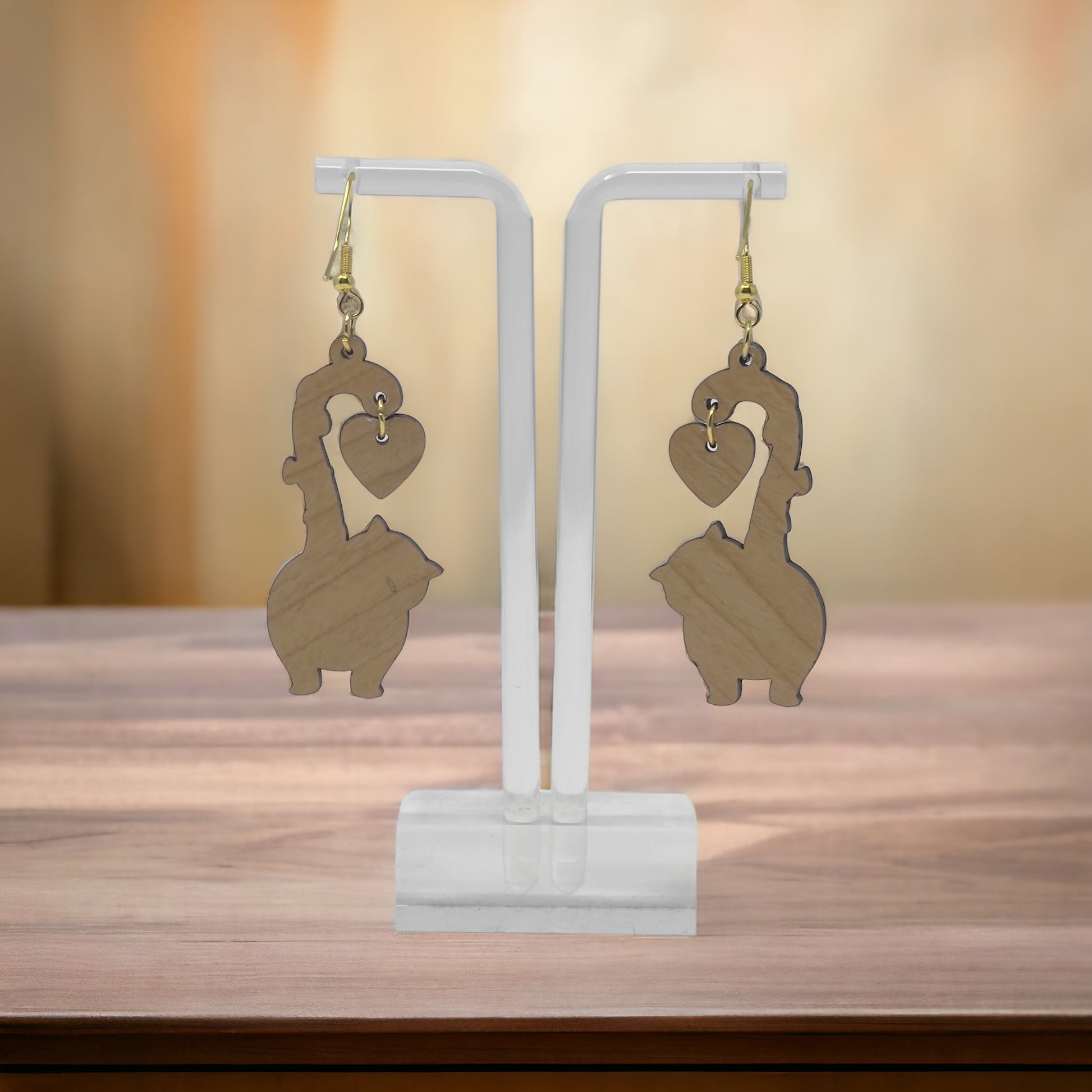 Heart Cat Dangle Earrings – Whimsical Love-Themed Wooden Jewelry
