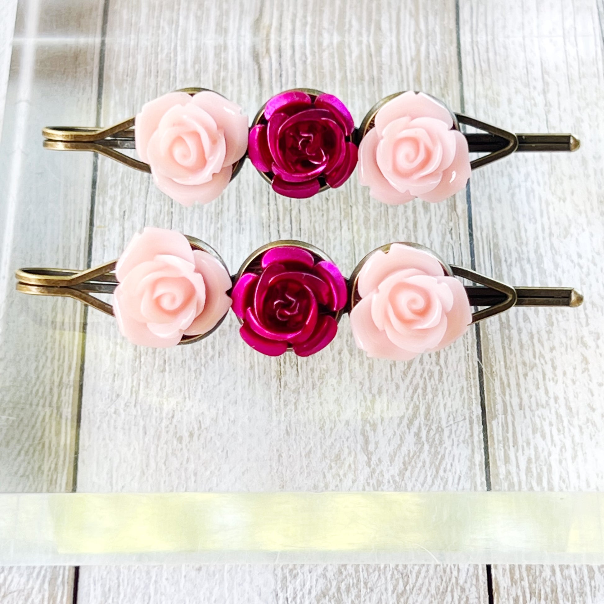 Pink & Red Rose Hair Pins – Vintage-Inspired Floral Bobby Pin Set