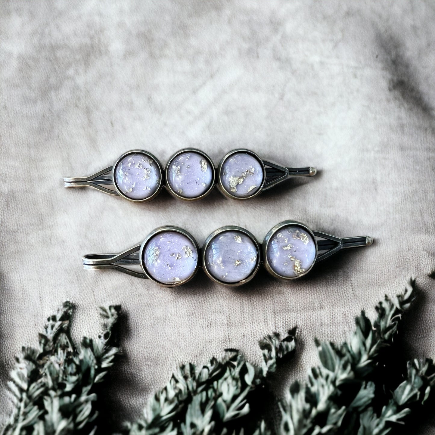 Lilac & Gold Foil Resin Hair Pins – Shimmering Celestial Set of 2