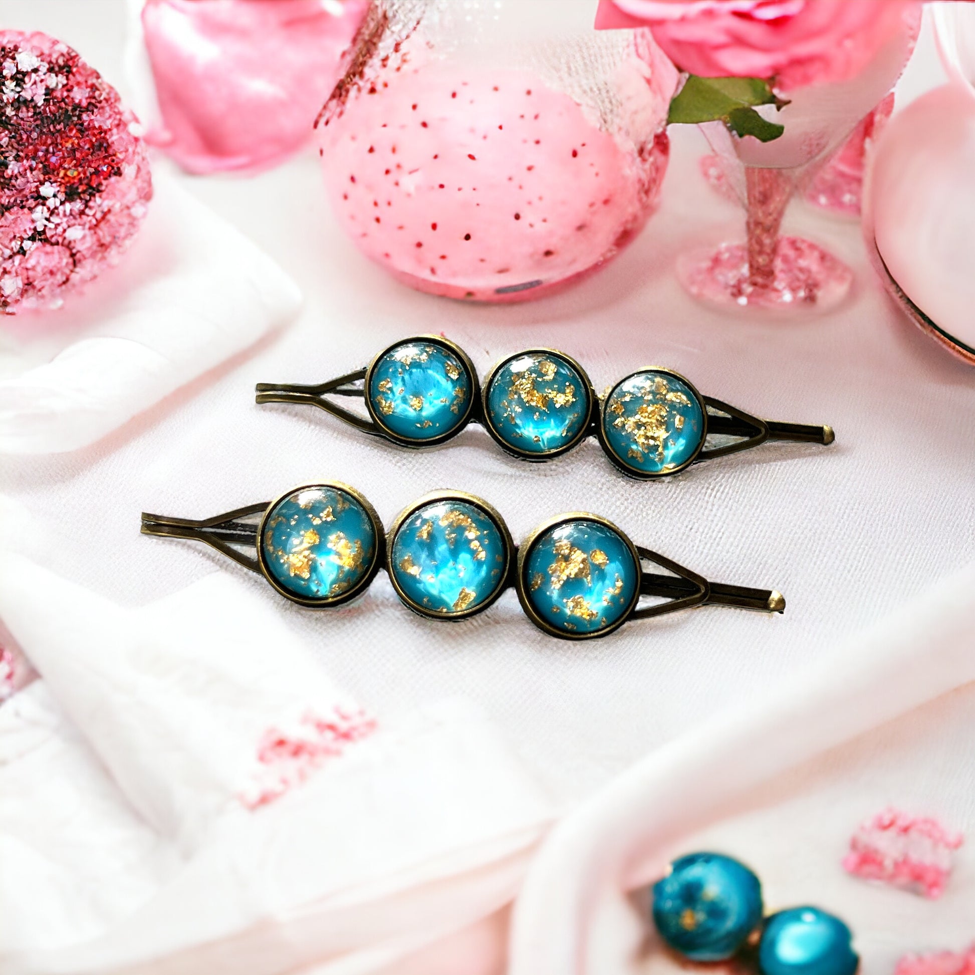 Turquoise & Gold Foil Hair Pins – Set of 2 Celestial Accessories