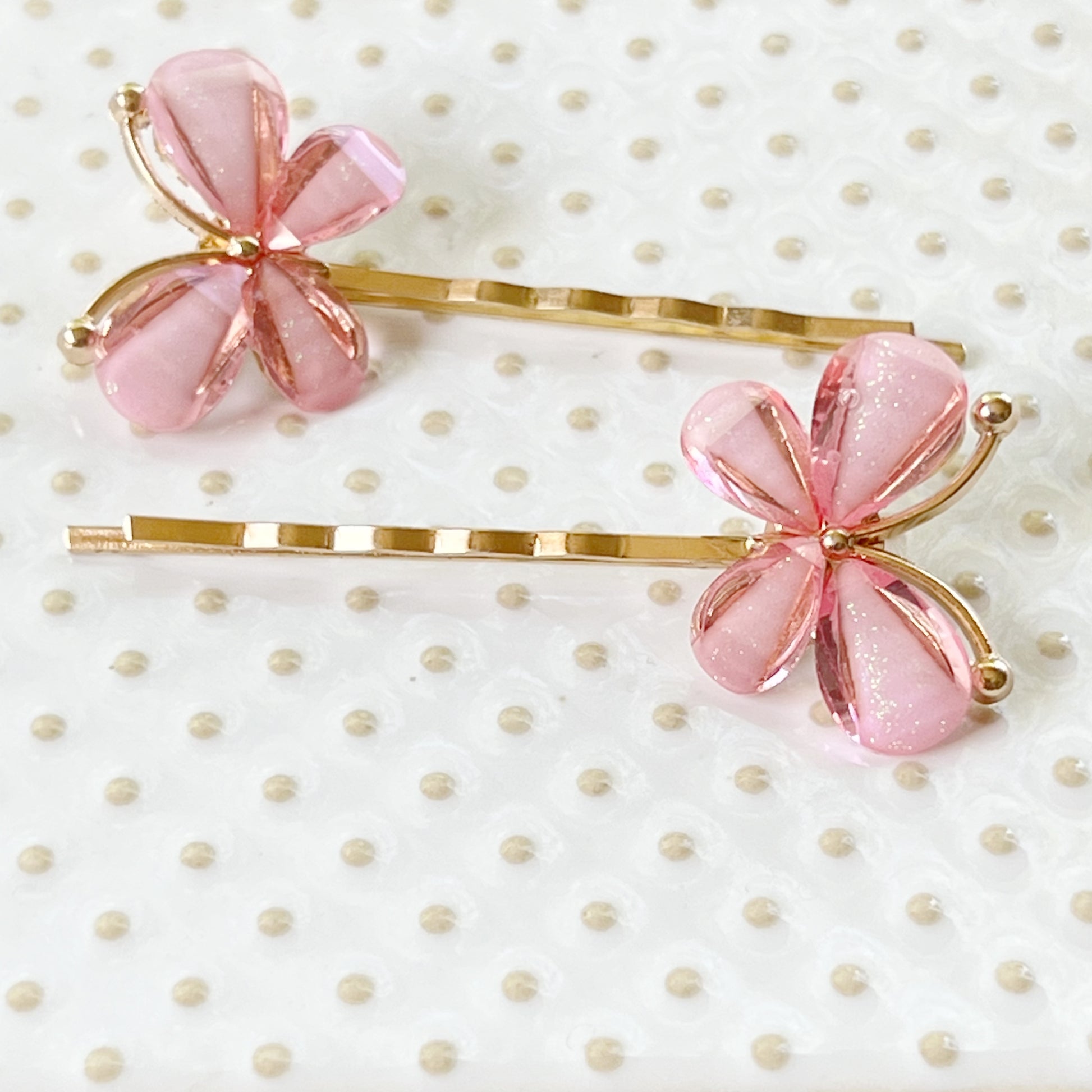 Pink Butterfly Hair Pins – Glittery Resin Hair Clips with Gold Base