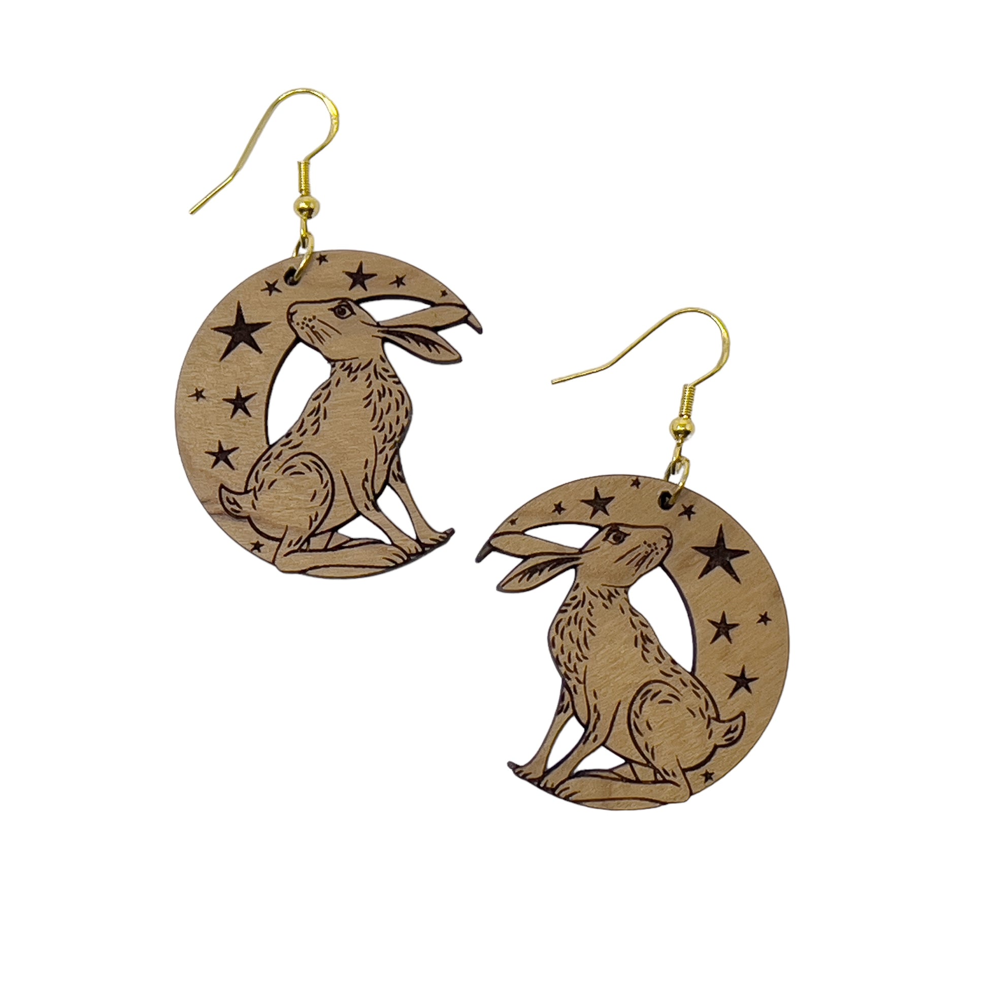 Moonlit Rabbit Earrings – Wooden Celestial Forest Jewelry with Gold Hooks