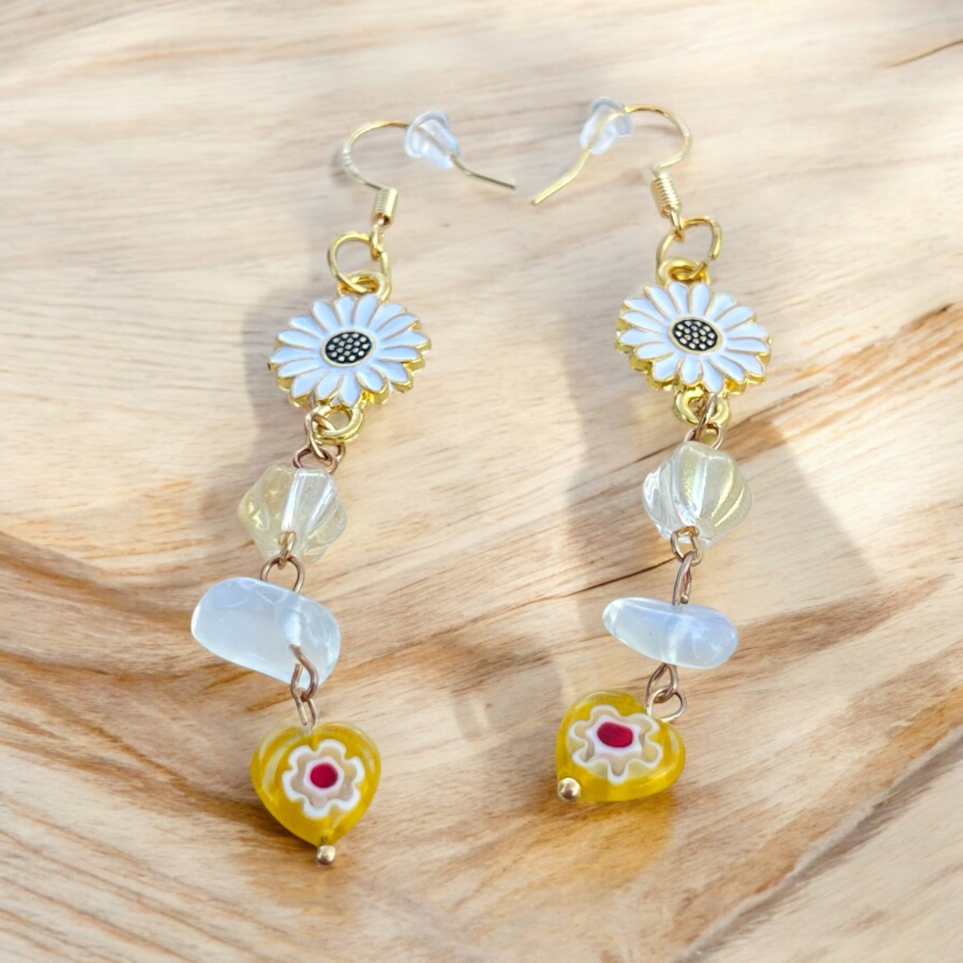 Daisy & Heart Dangle Earrings – Handmade Boho Drop Jewelry