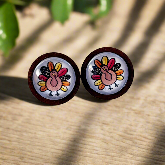 Thanksgiving Turkey Wood Stainless Steel Stud Earring
