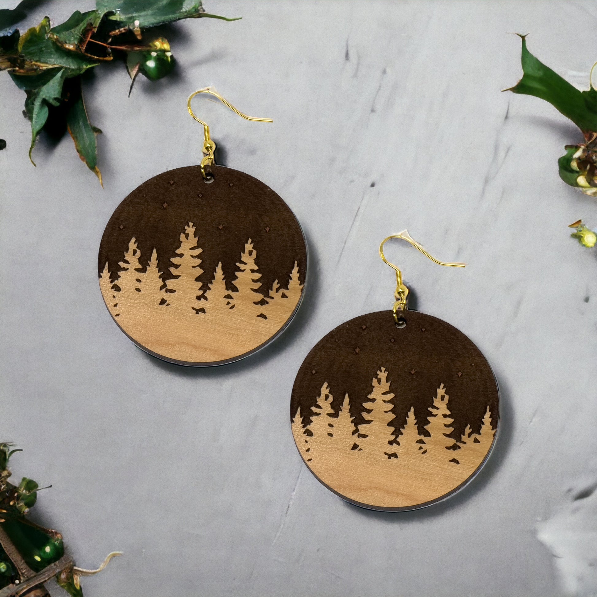 Starry Forest Circle Earrings – Dark Wood Nighttime Tree Line Jewelry