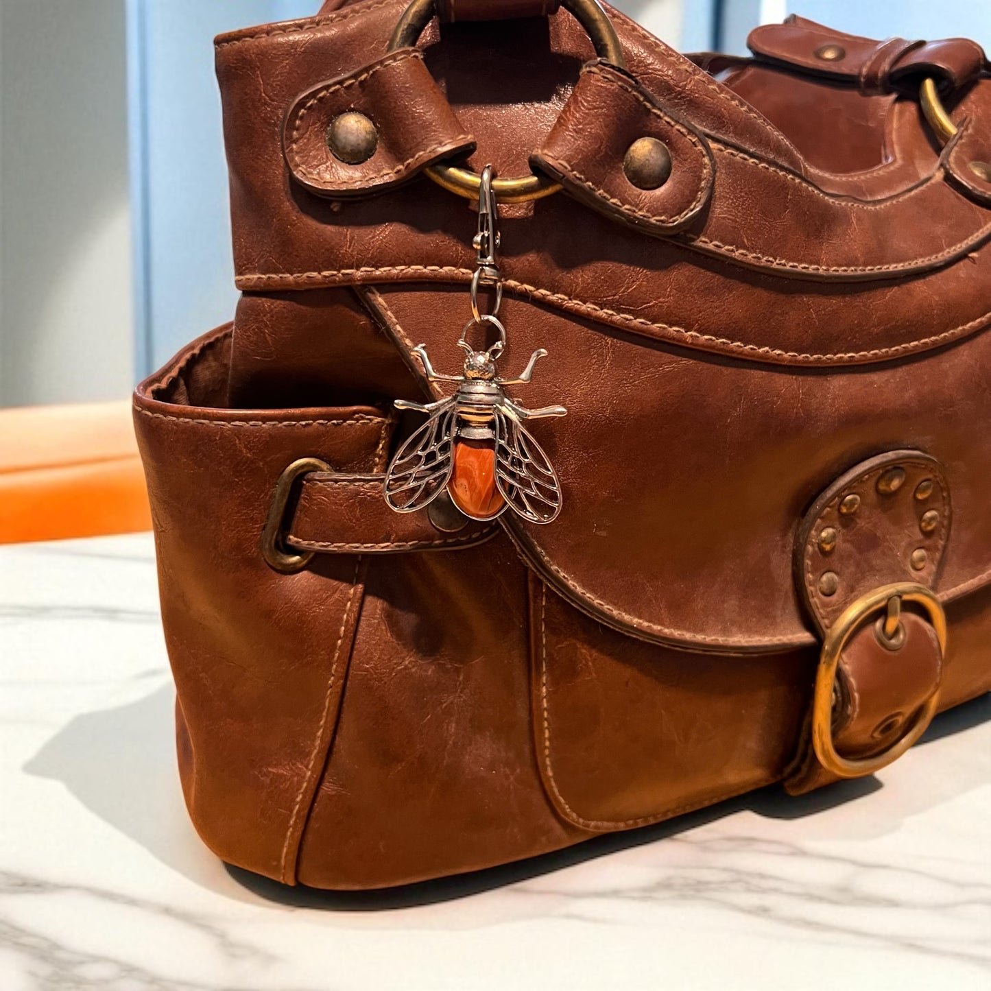 Red Jasper Bee Purse Charm – Silver Boho Bag Keychain Accessory