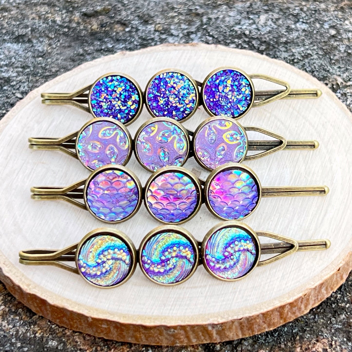 Purple Druzy Hair Pins: Set of 4 Stylish Accessories with Unique Patterns