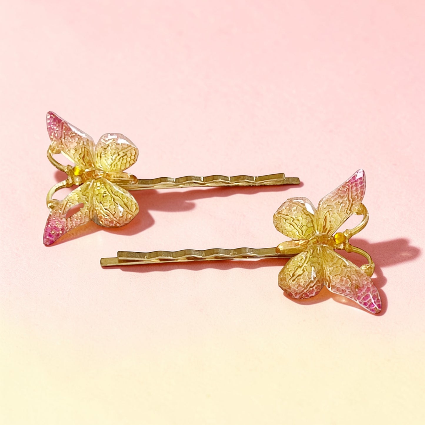 Pink & Yellow Gold Butterfly Hair Pins - Whimsical Bobby Pins Set Be Grace Be Love Boutique