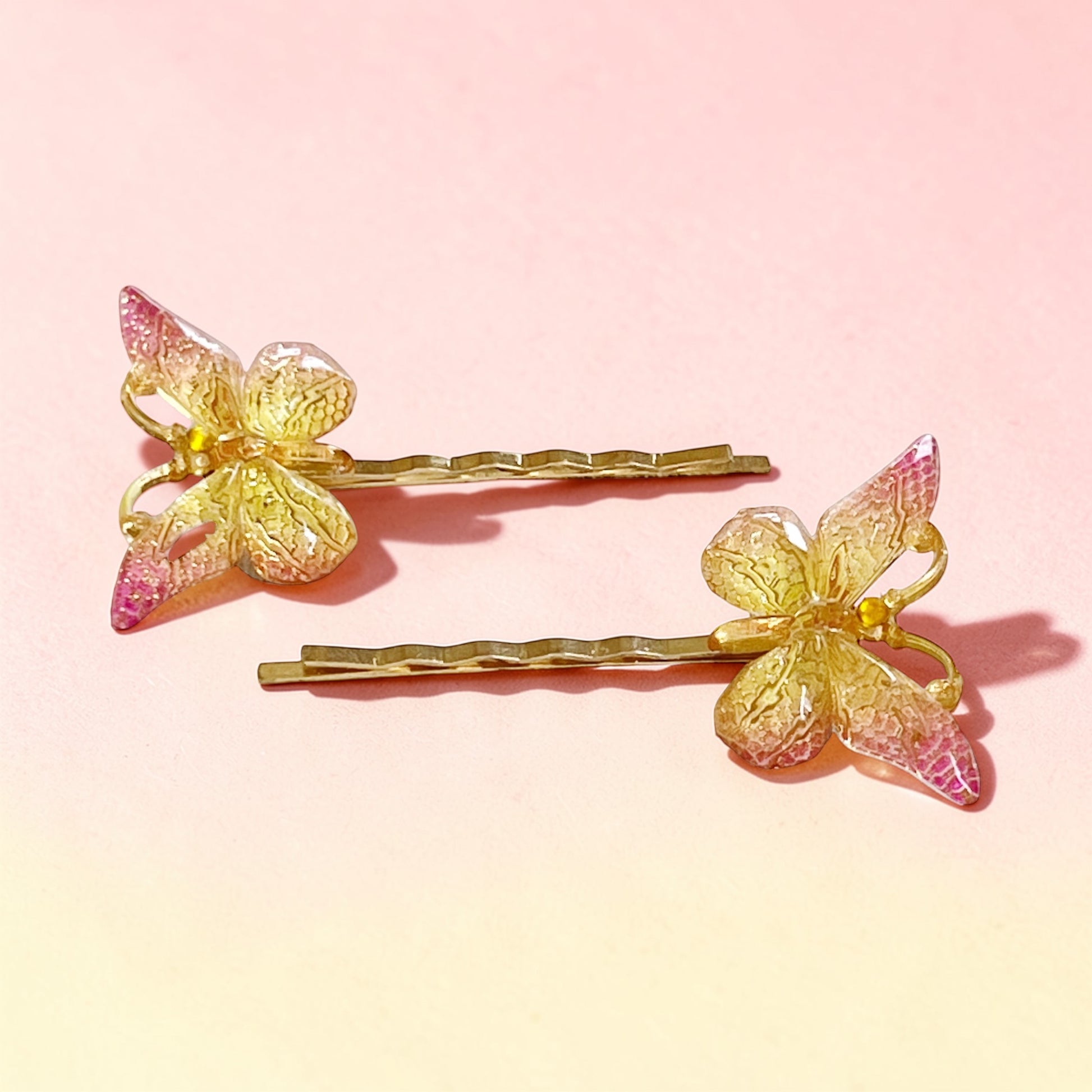 Pink & Yellow Gold Butterfly Hair Pins - Whimsical Bobby Pins Set Be Grace Be Love Boutique