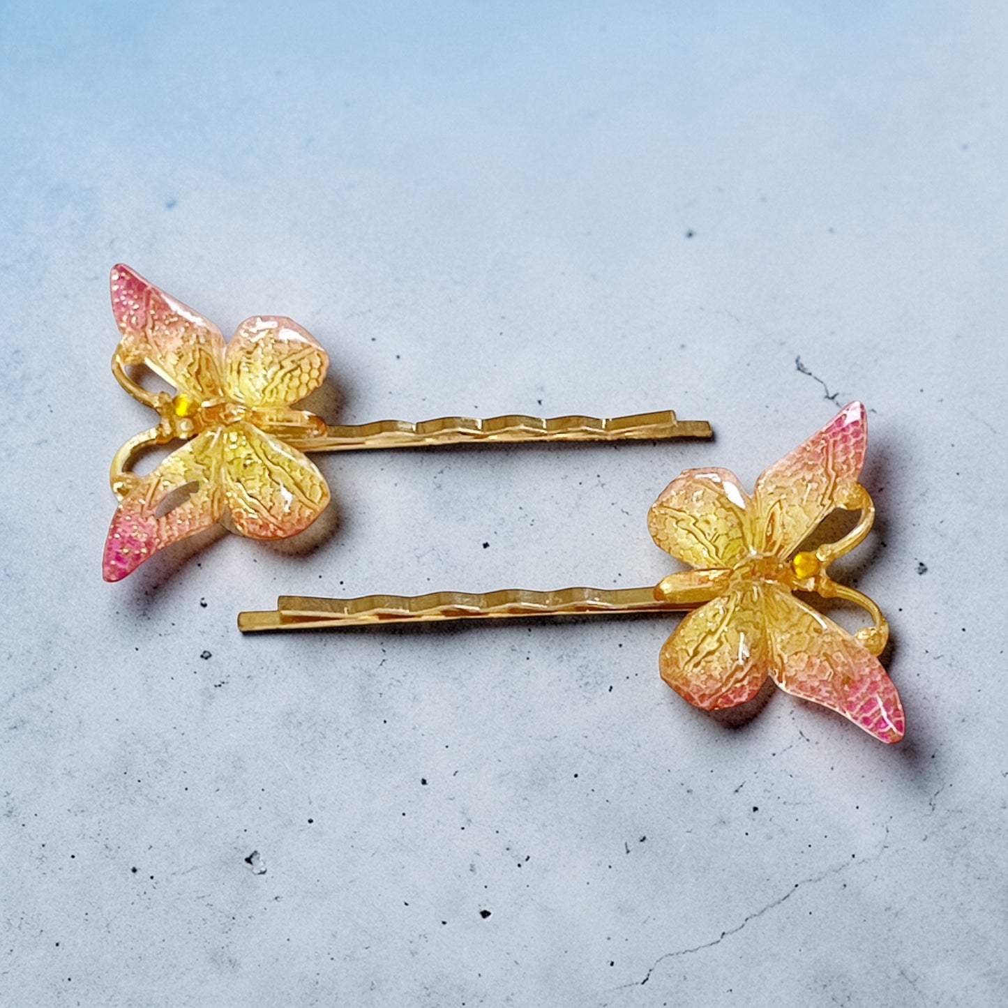 Pink & Yellow Gold Butterfly Hair Pins - Whimsical Bobby Pins Set Be Grace Be Love Boutique