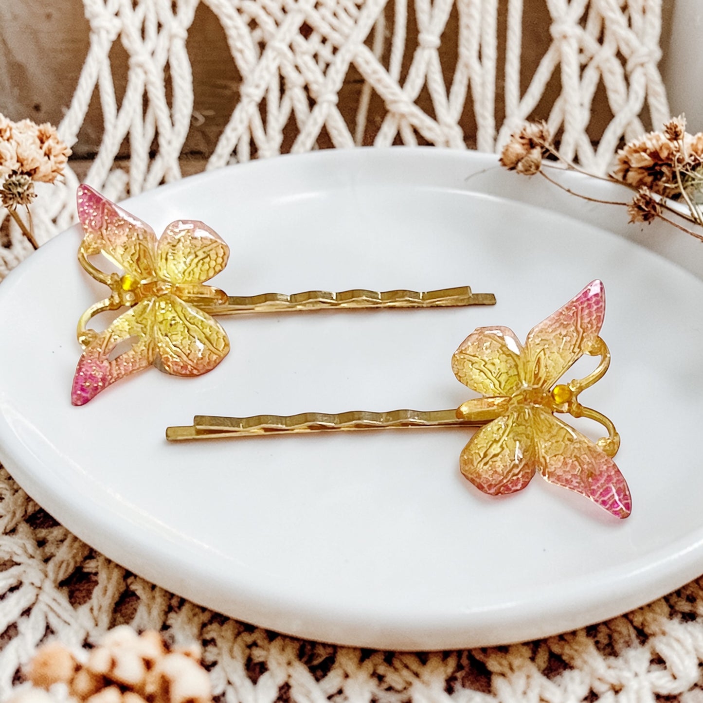 Pink & Yellow Gold Butterfly Hair Pins - Whimsical Bobby Pins Set Be Grace Be Love Boutique