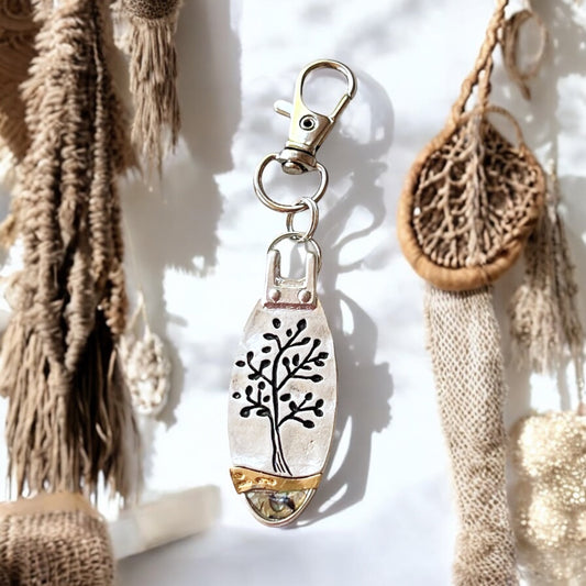 Tree of Life Purse Charm – Silver & Gold Keychain with Abalone
