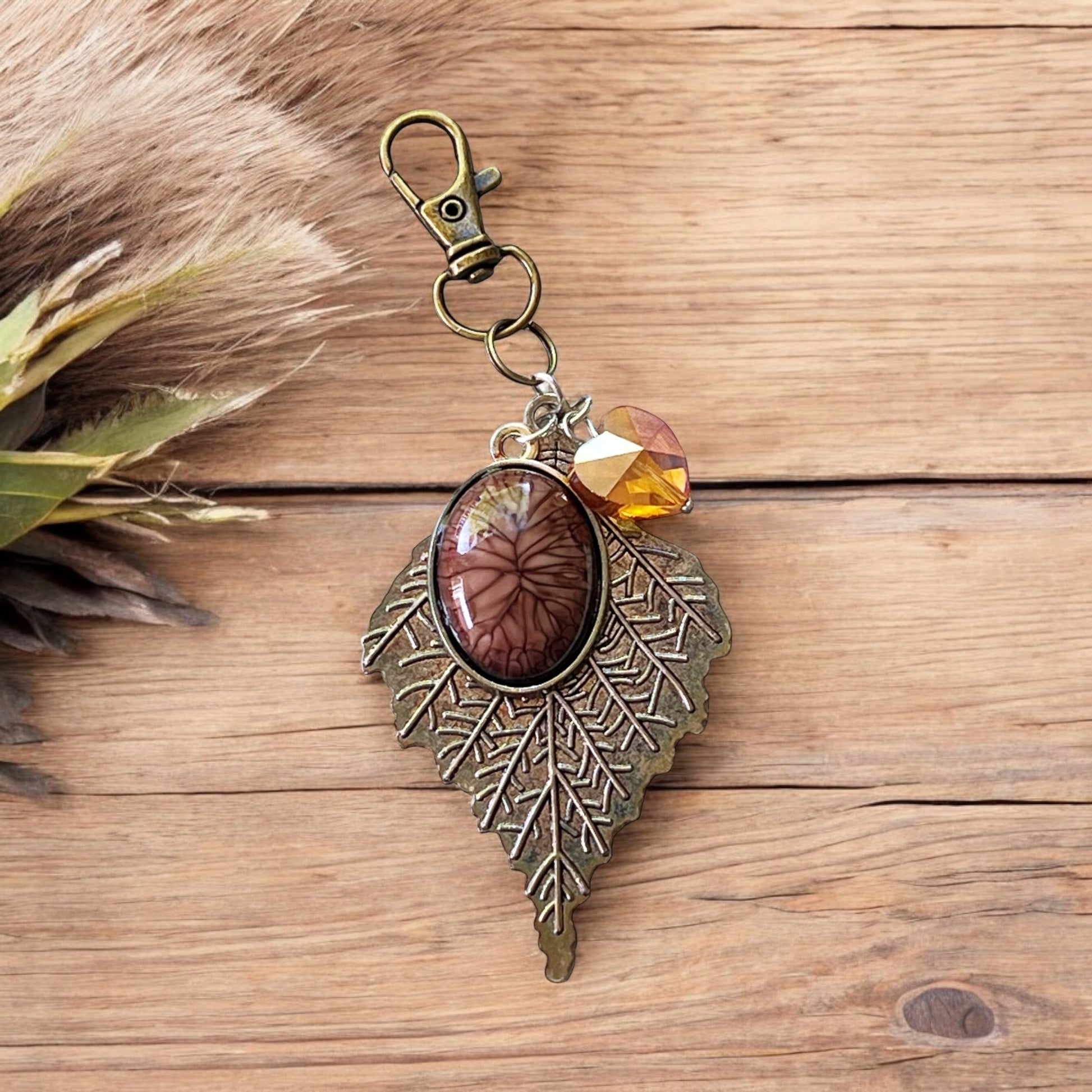 Leaf Purse Charm – Bronze Botanical Keychain with Glass Heart Accent