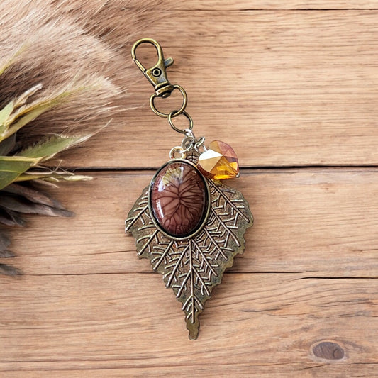 Leaf Purse Charm – Bronze Botanical Keychain with Glass Heart Accent
