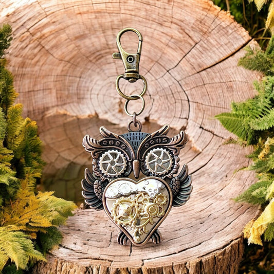 Steampunk Owl Purse Charm – Mixed Metal Heart Keychain with Gear Details