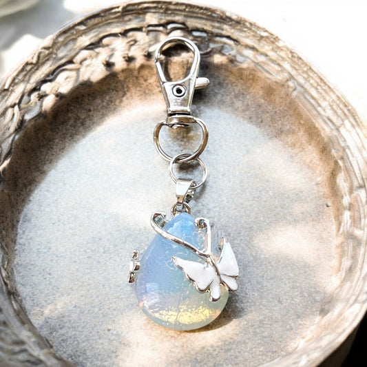 Opalite Butterfly Teardrop Keychain – Iridescent Glass & Silver Charm Accessory