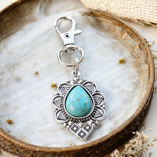Turquoise Teardrop Purse Charm – Boho Southwest Silver Keychain Accent