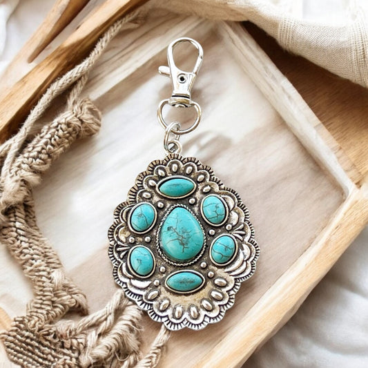 Southwest Turquoise Cluster Keychain – Vintage Western Concho Style Bag Charm