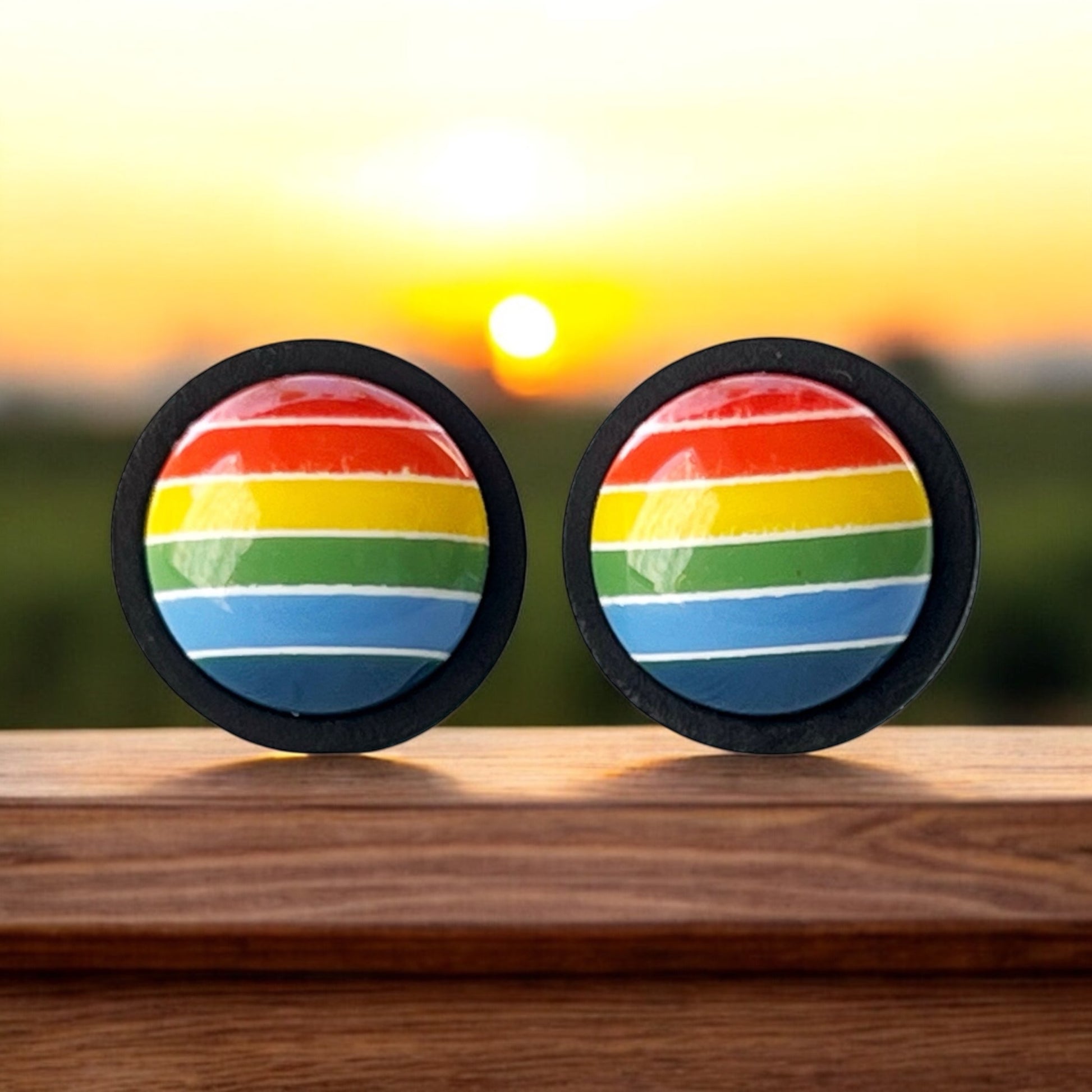 Rainbow Stripe Stud Earrings – Bold Colorful Handmade Jewelry in Black Wood