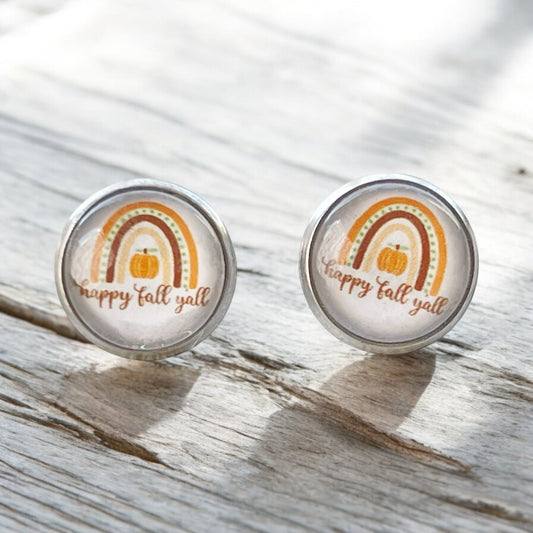 Happy Fall Y’all Stud Earrings – Rainbow Pumpkin Autumn Jewelry in Silver