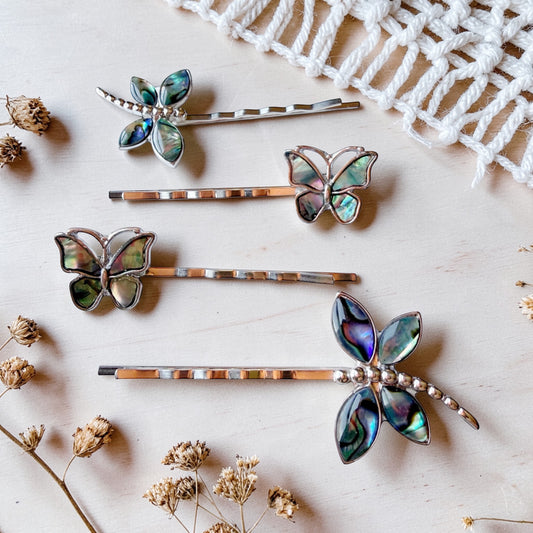Nature-Inspired Hair Pin Set – Abalone Butterfly & Dragonfly Clips
