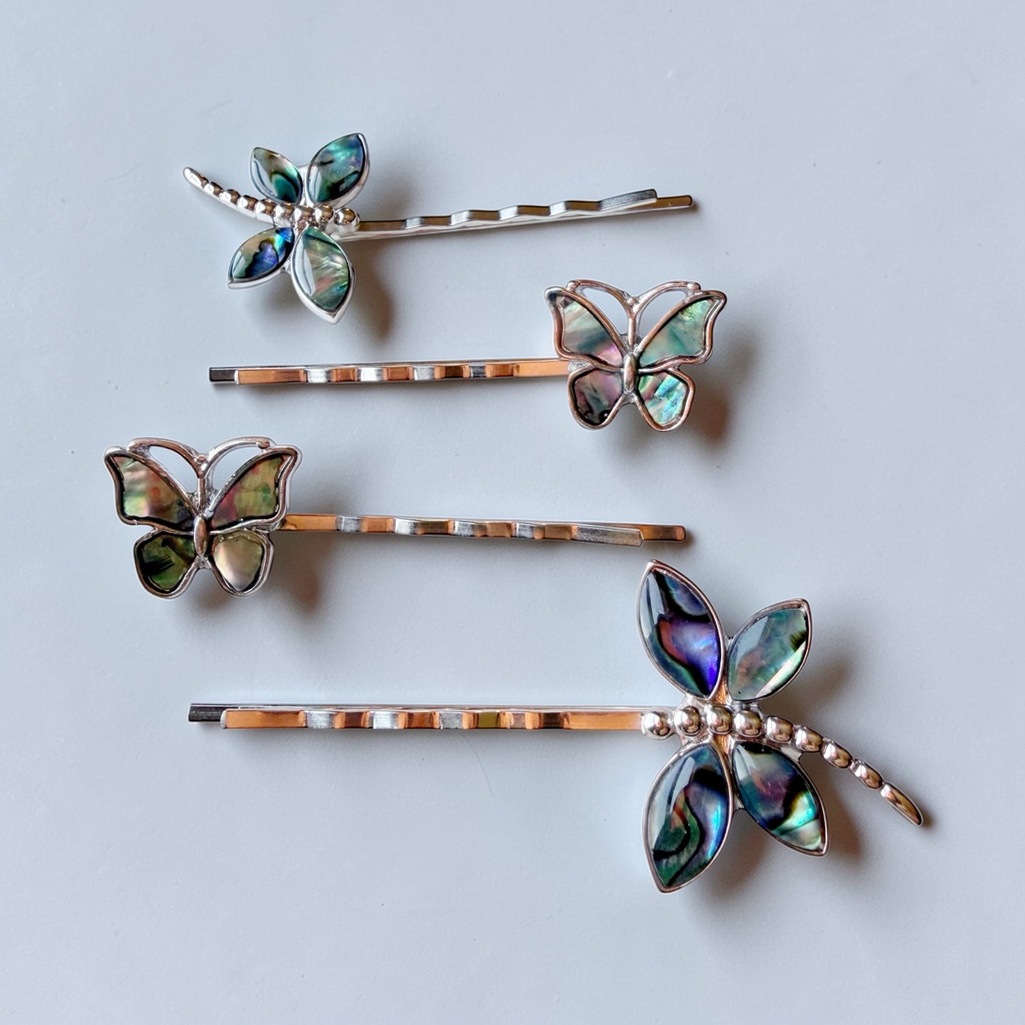 Nature-Inspired Hair Pin Set – Abalone Butterfly & Dragonfly Clips